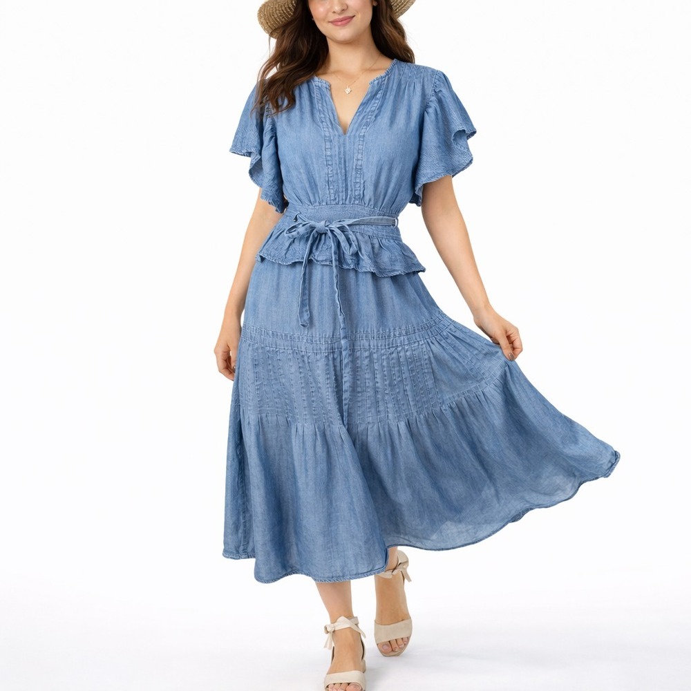 WISHLIST APPAREL Size Small Blu Chambray Denim Ruffled Flutter Sleeve Midi Dress - Picture 1 of 16